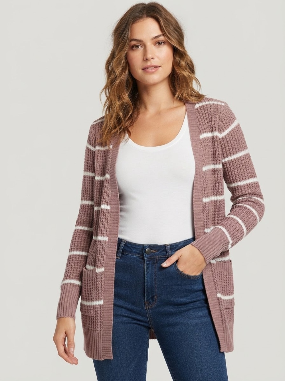 Pink Rose Dusty Pink and White Striped Open-Front Cardigan